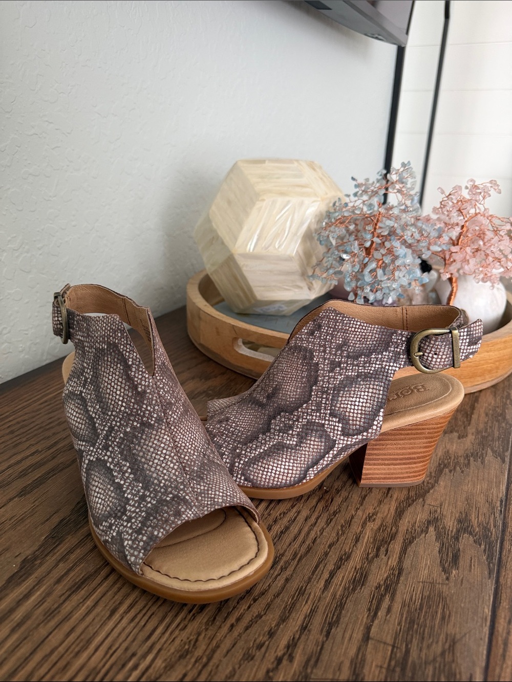Born Snake-Print Open-Toe Block Heel booties
